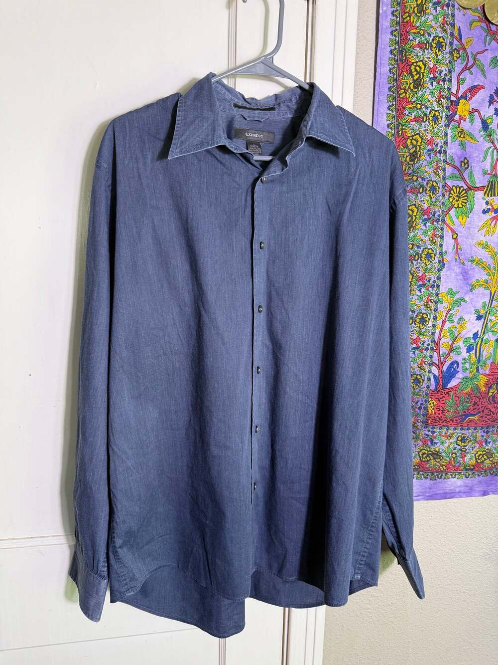Express Mens Stretch Button Up Shirt Navy Blue Large Long Sleeve